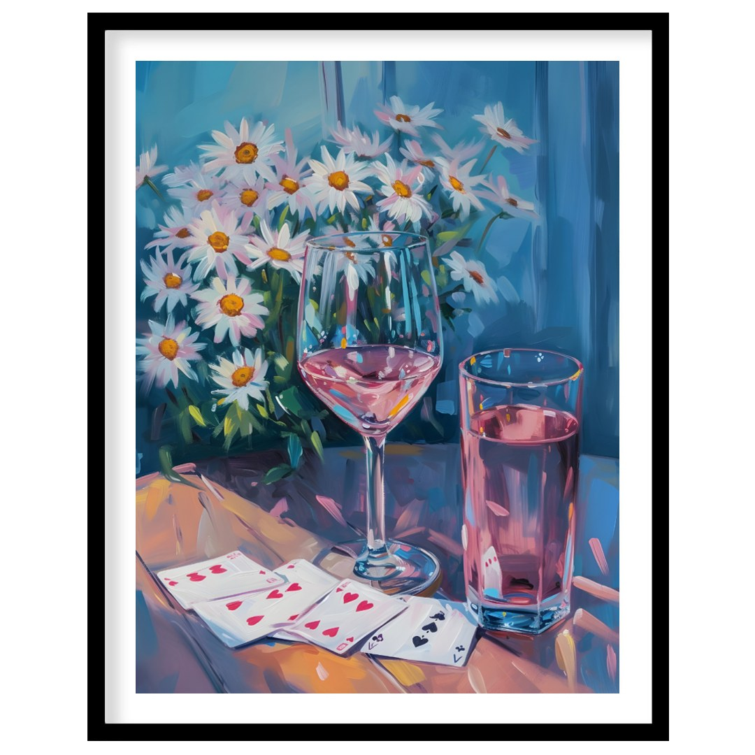 This still life painting captures a moment of relaxed leisure with a glass of rosé wine, a glass of… for home