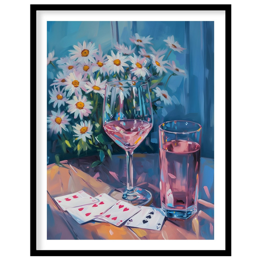 This still life painting captures a moment of relaxed leisure with a glass of rosé wine, a glass of… for home