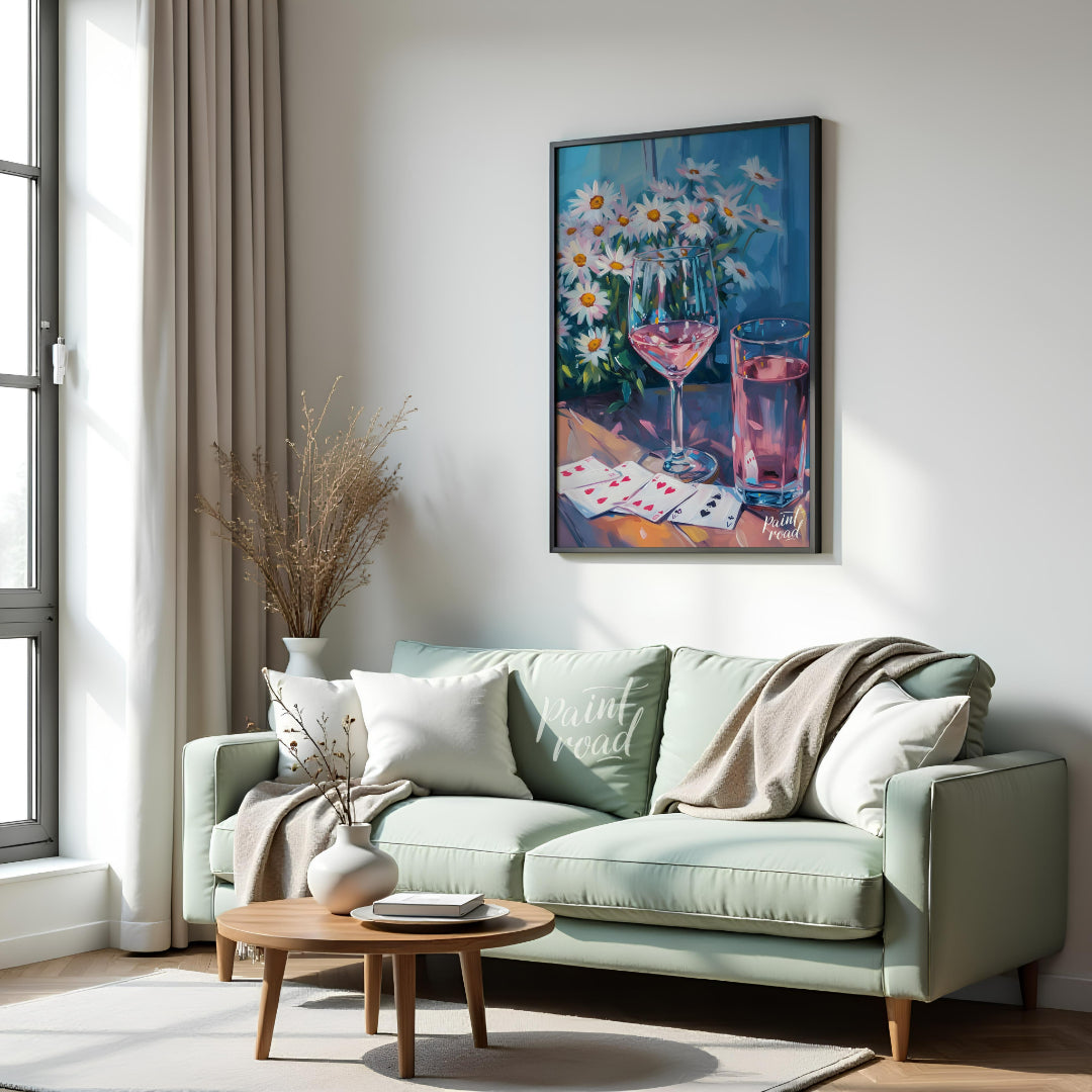 This still life painting captures a moment of relaxed leisure with a glass of rosé wine, a glass of… for living room