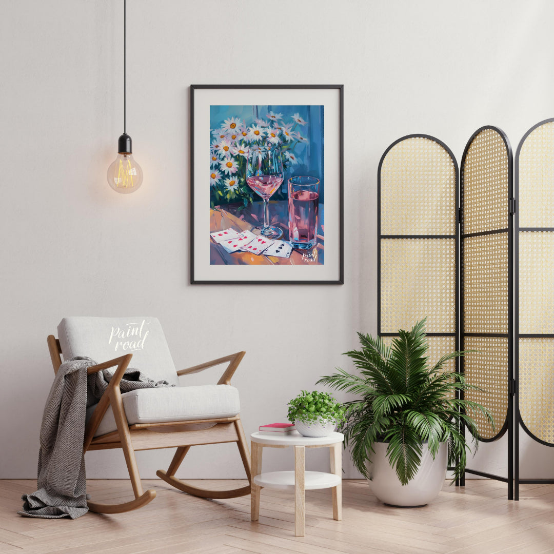 This still life painting captures a moment of relaxed leisure with a glass of rosé wine, a glass of… for living room