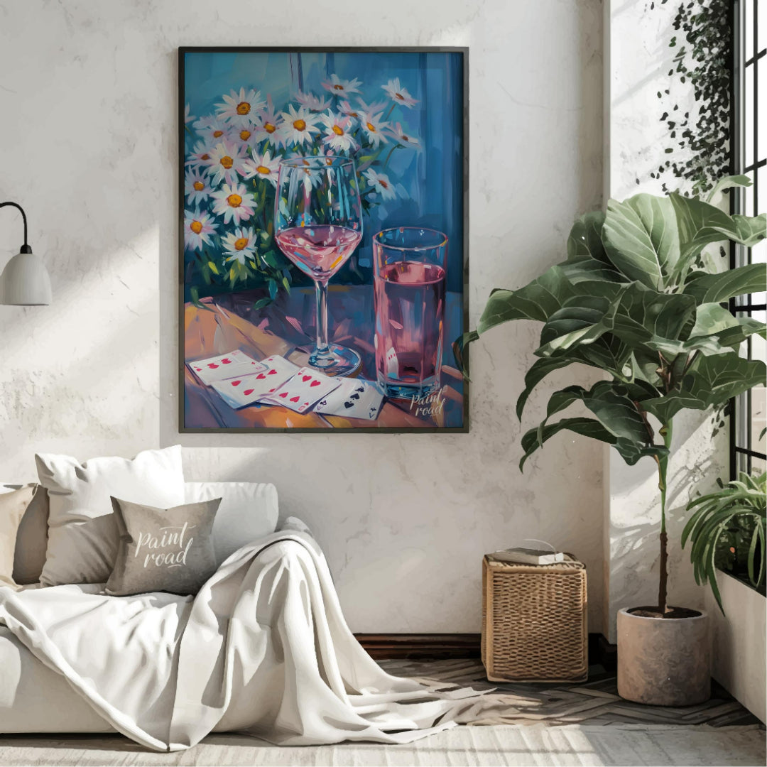This still life painting captures a moment of relaxed leisure with a glass of rosé wine, a glass of… for living room