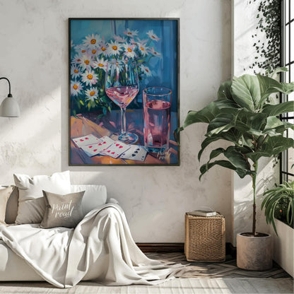 This still life painting captures a moment of relaxed leisure with a glass of rosé wine, a glass of… for living room