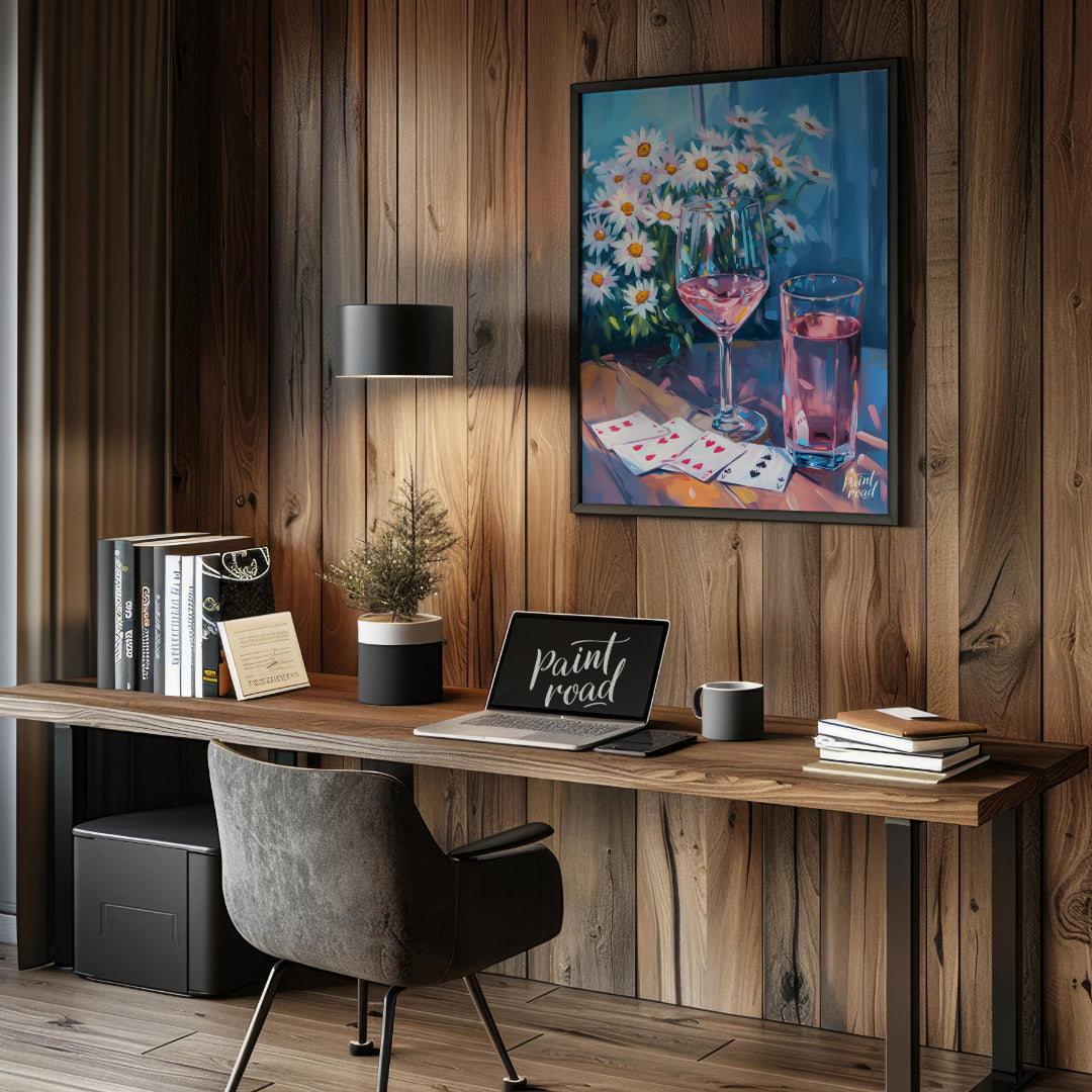 This still life painting captures a moment of relaxed leisure with a glass of rosé wine, a glass of… for office
