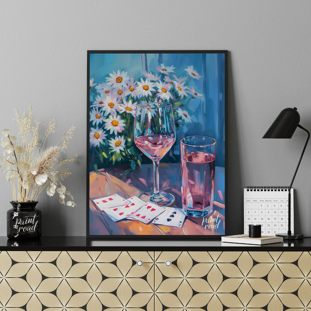 This still life painting captures a moment of relaxed leisure with a glass of rosé wine, a glass of… for office