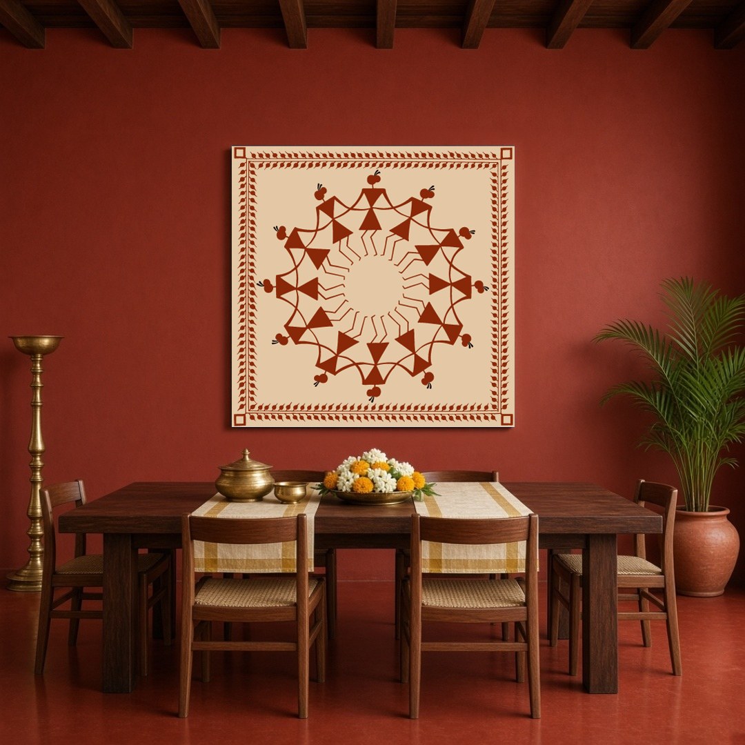 Experience the harmonious dance of village life captured with intricate detailing in this Warli art for Dining