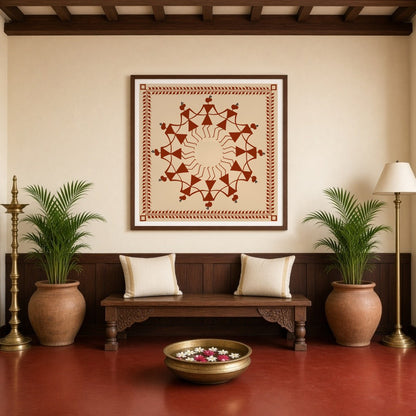 Experience the harmonious dance of village life captured with intricate detailing in this Warli art for Entrance