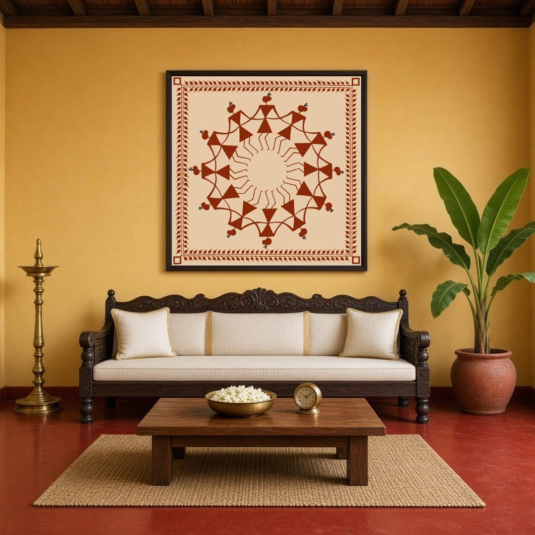 Experience the harmonious dance of village life captured with intricate detailing in this Warli art for Living Room