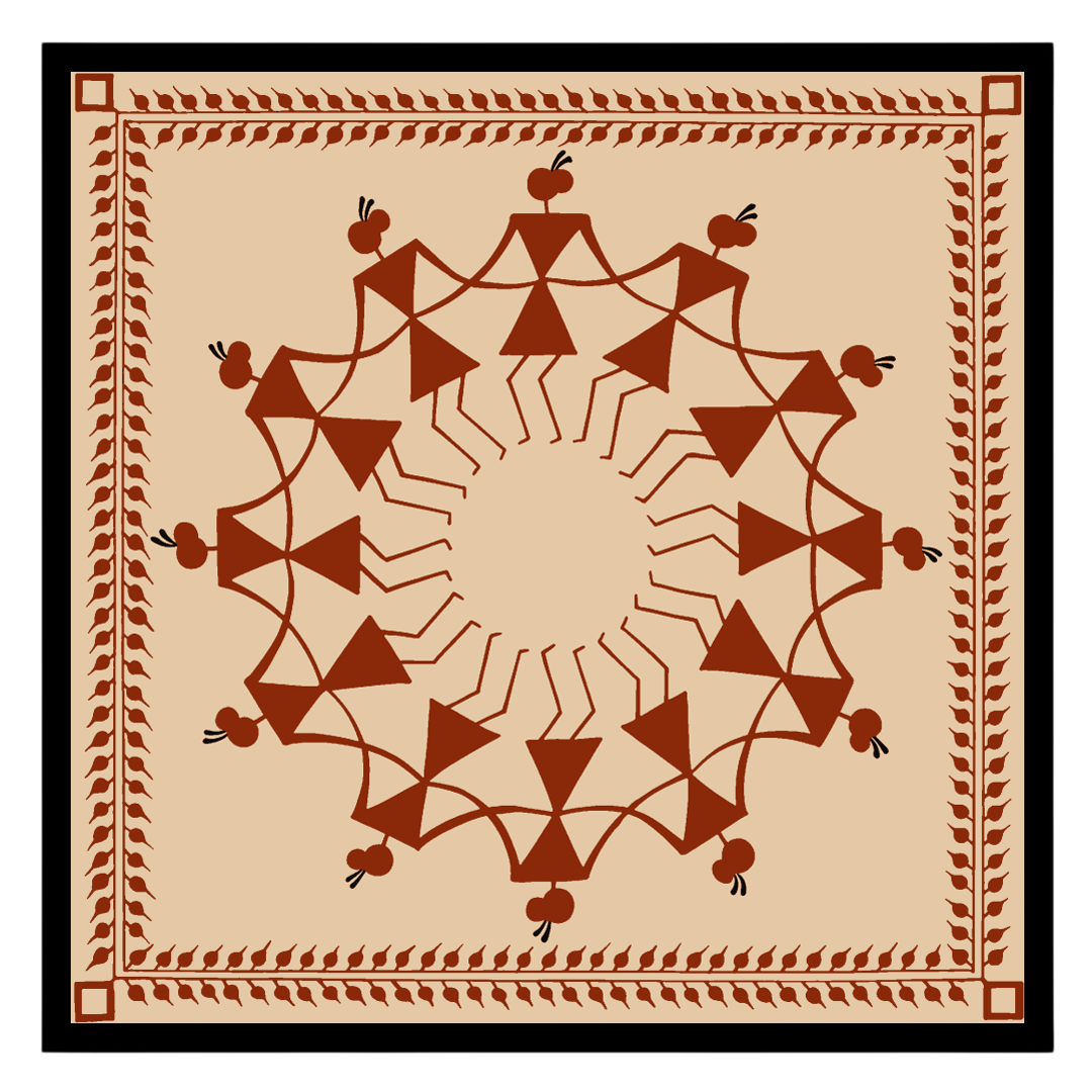 Experience the harmonious dance of village life captured with intricate detailing in this Warli art for sanctuary