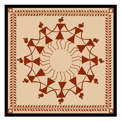 Experience the harmonious dance of village life captured with intricate detailing in this Warli art for sanctuary