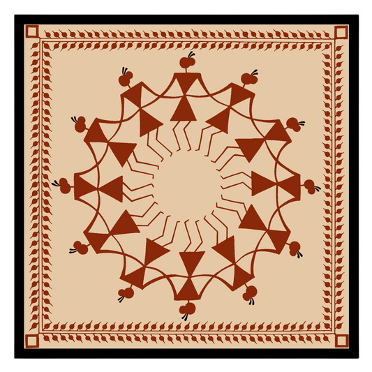 Experience the harmonious dance of village life captured with intricate detailing in this Warli art for sanctuary