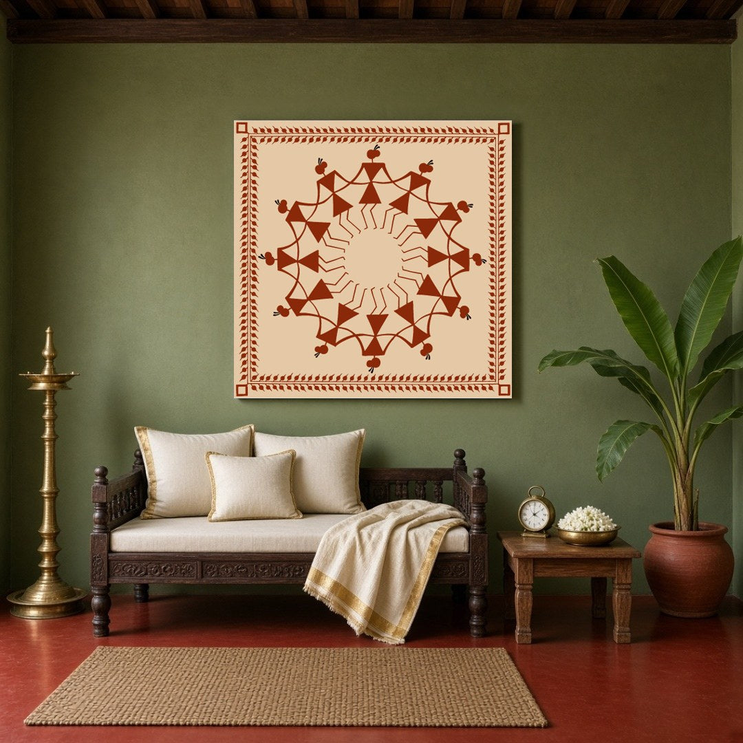 Experience the harmonious dance of village life captured with intricate detailing in this Warli art for Sitting Area
