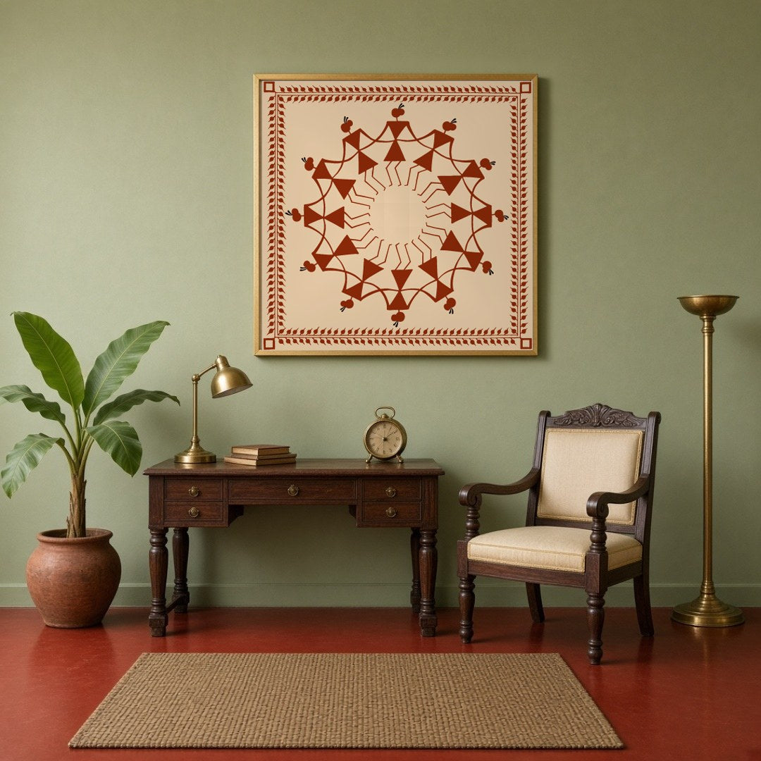 Experience the harmonious dance of village life captured with intricate detailing in this Warli art for Study