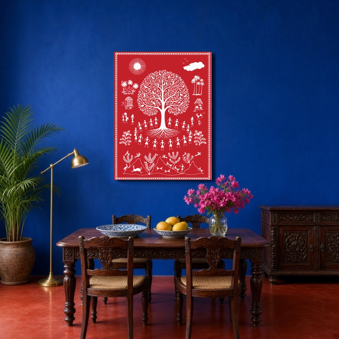 Experience the captivating essence of village life with this Warli art piece, showcasing the for Dining