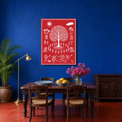 Experience the captivating essence of village life with this Warli art piece, showcasing the for Dining