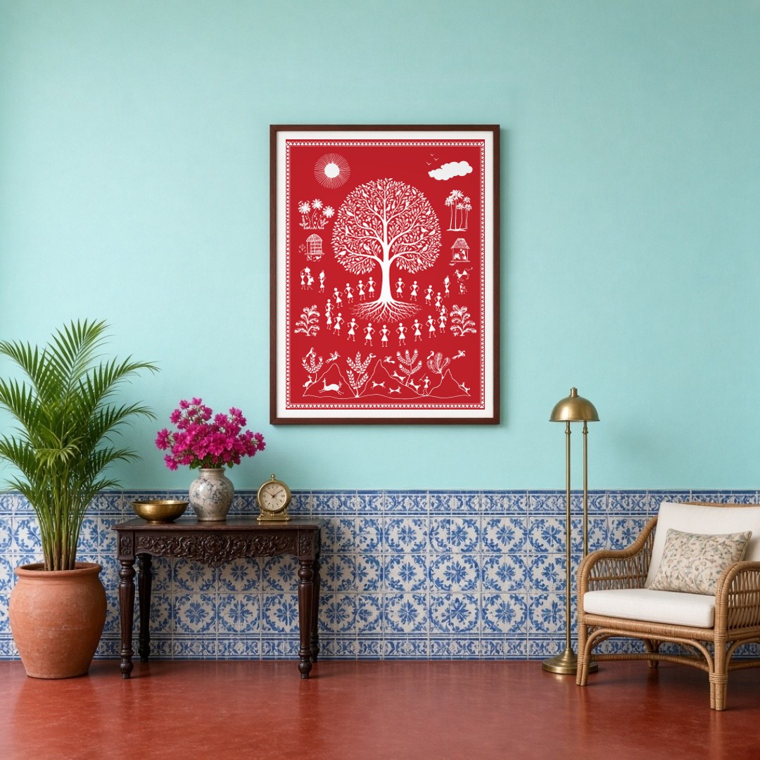 Experience the captivating essence of village life with this Warli art piece, showcasing the for Entrance