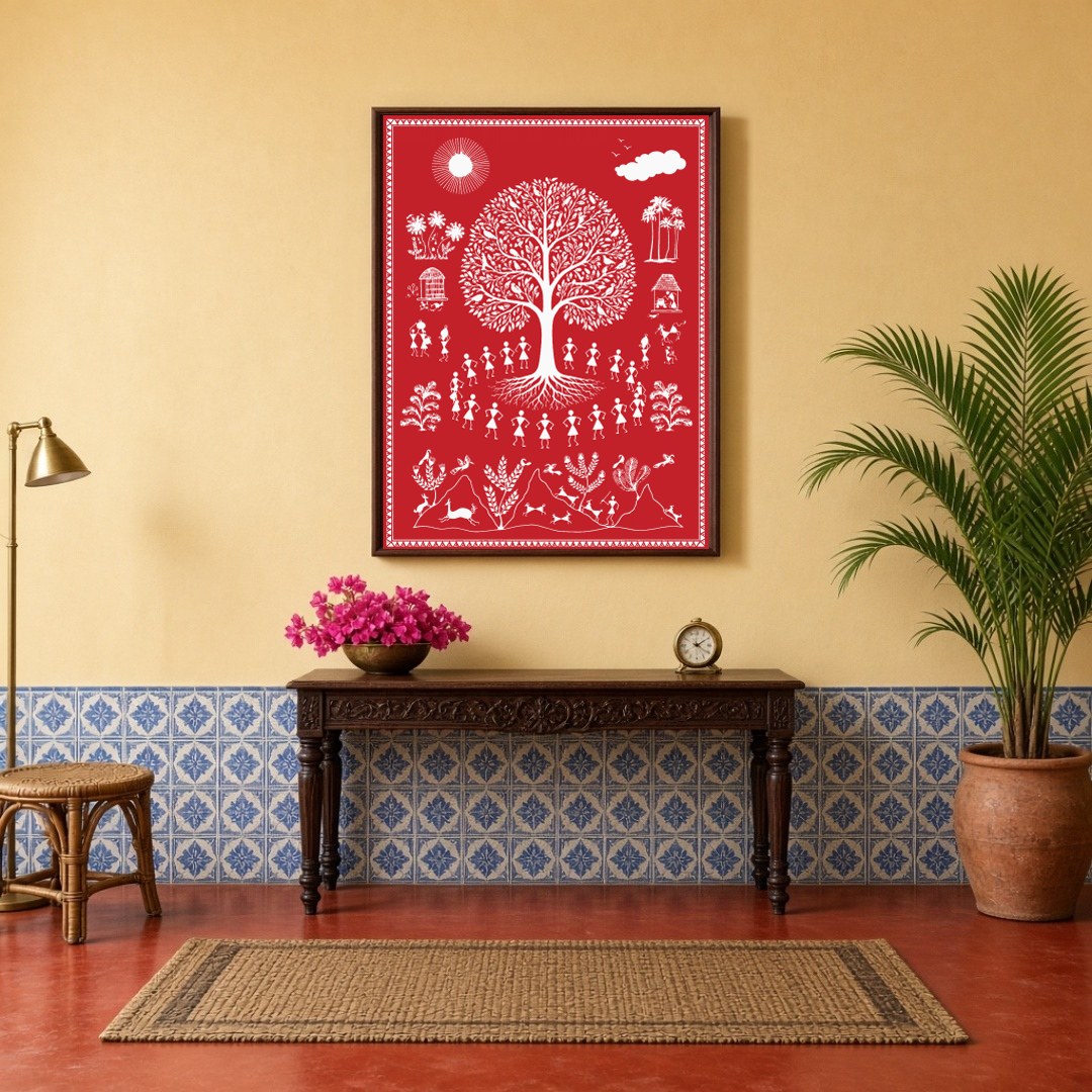 Experience the captivating essence of village life with this Warli art piece, showcasing the for Hallway