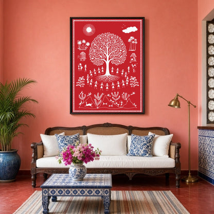 Experience the captivating essence of village life with this Warli art piece, showcasing the for Living Room