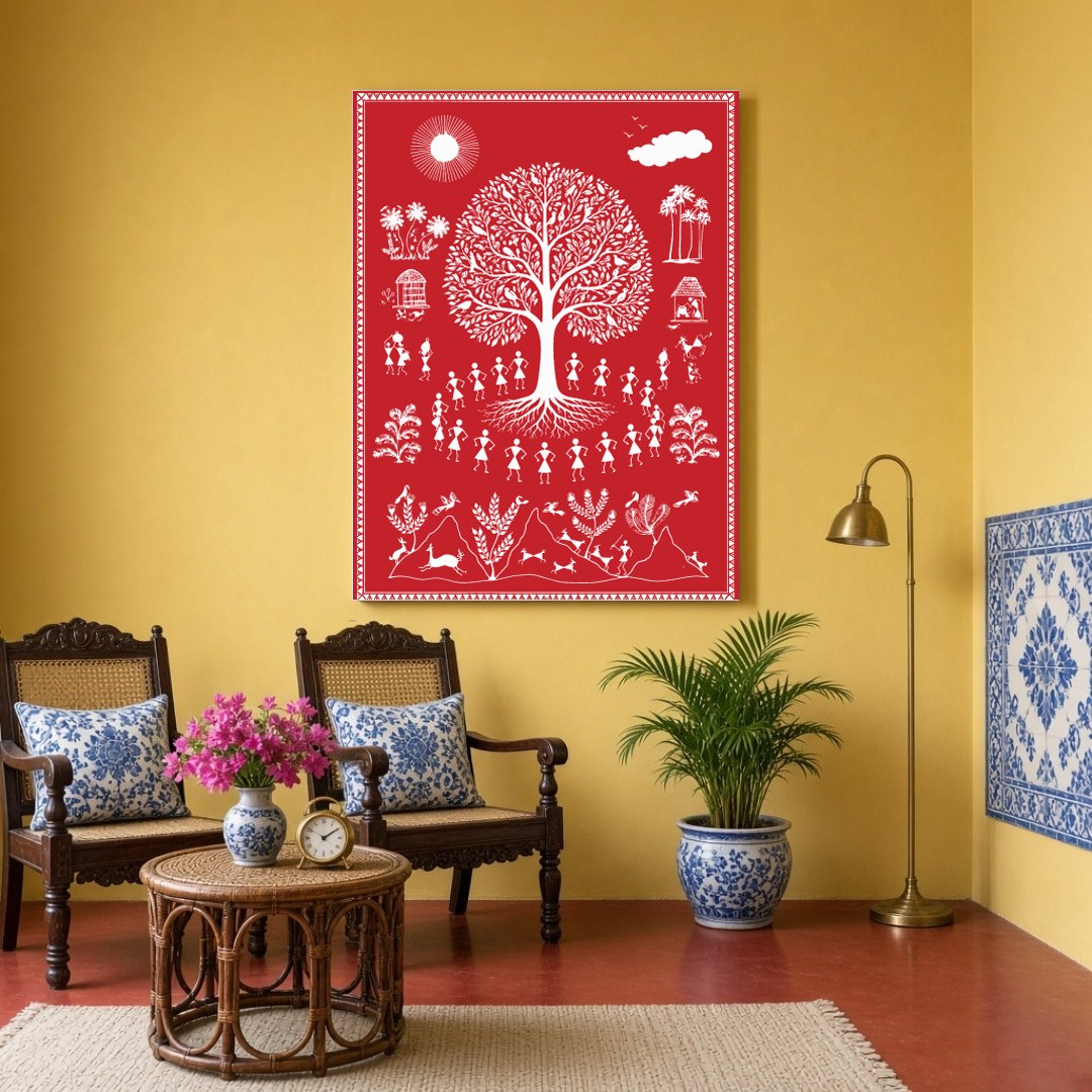 Experience the captivating essence of village life with this Warli art piece, showcasing the for Sitting Area