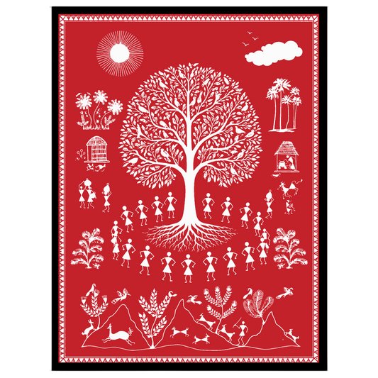 Experience the captivating essence of village life with this Warli art piece, showcasing the for studio