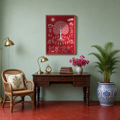 Experience the captivating essence of village life with this Warli art piece, showcasing the for Study