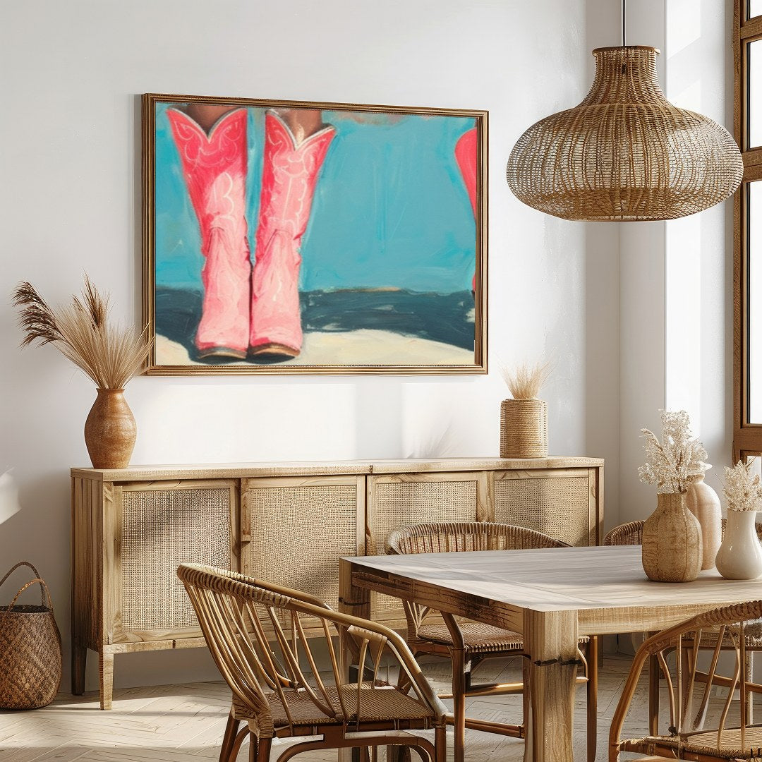 This whimsical artwork captures the playful elegance of tutu-clad figures standing in vibrant pink for Dining