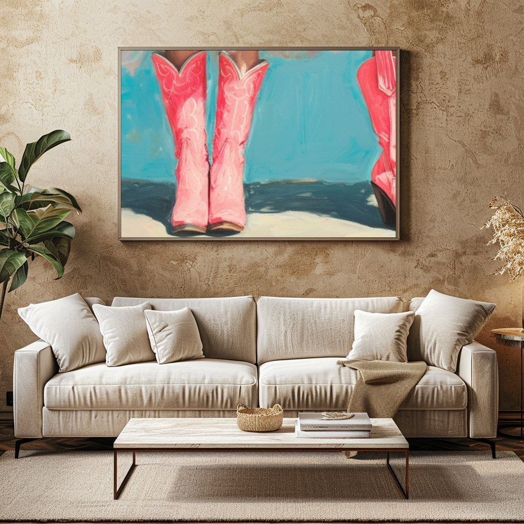 This whimsical artwork captures the playful elegance of tutu-clad figures standing in vibrant pink for Family Room