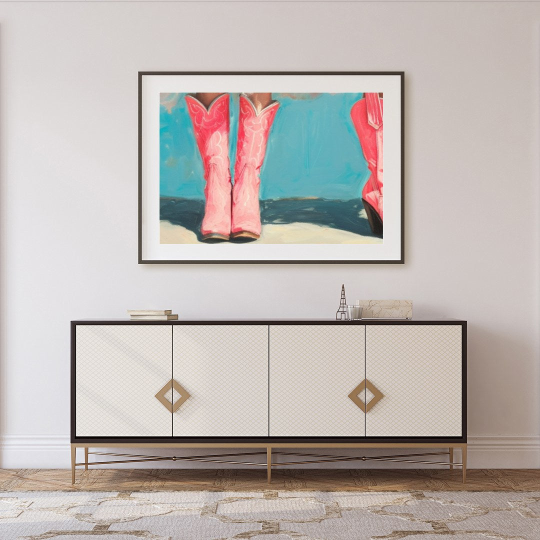 This whimsical artwork captures the playful elegance of tutu-clad figures standing in vibrant pink for Foyer
