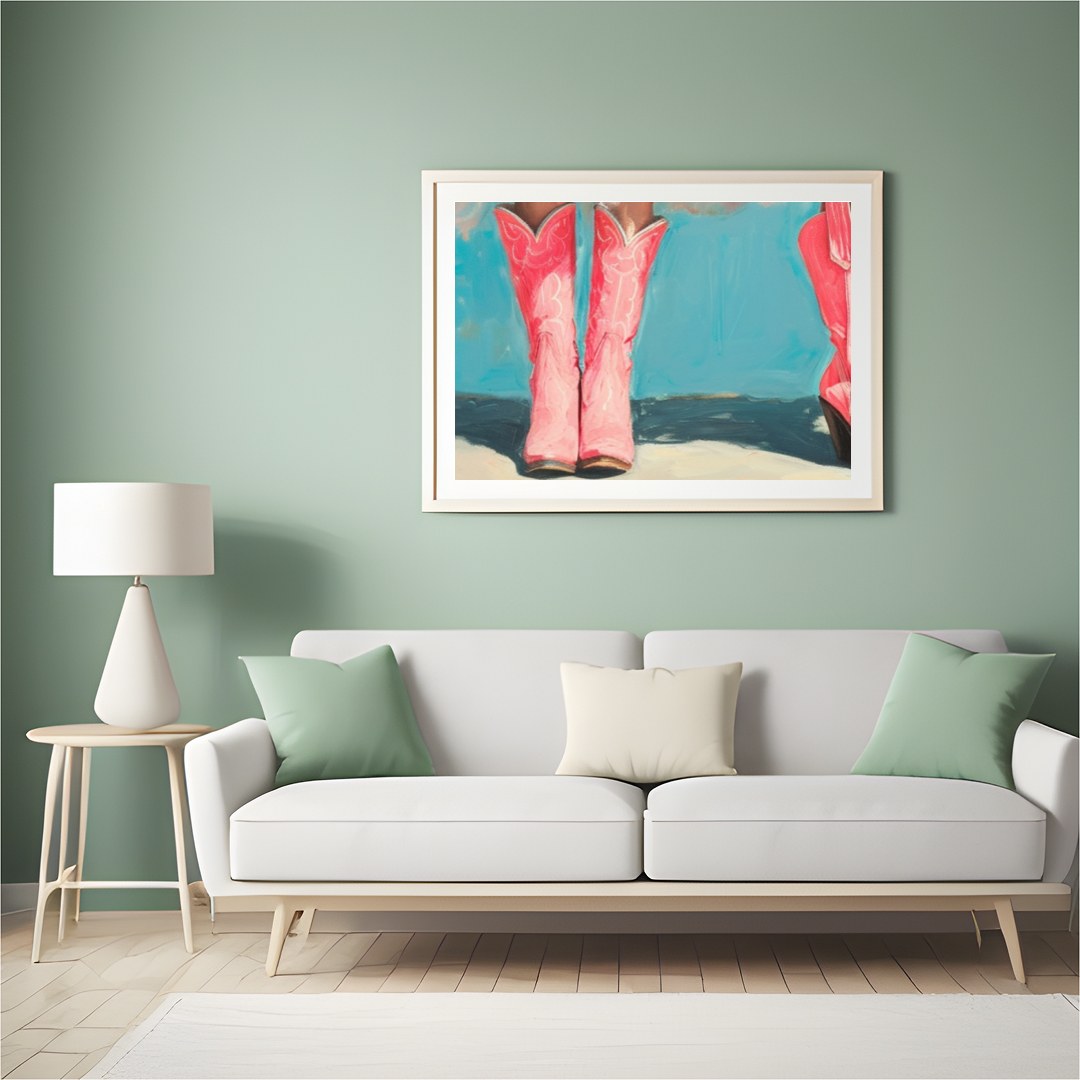 This whimsical artwork captures the playful elegance of tutu-clad figures standing in vibrant pink for Hall