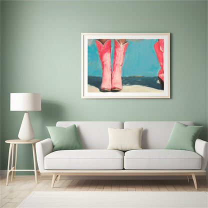 This whimsical artwork captures the playful elegance of tutu-clad figures standing in vibrant pink for Hall