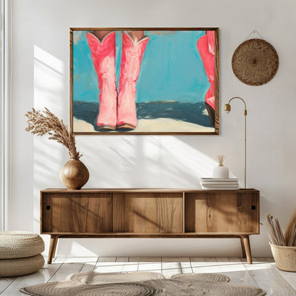 This whimsical artwork captures the playful elegance of tutu-clad figures standing in vibrant pink for Sitting Area