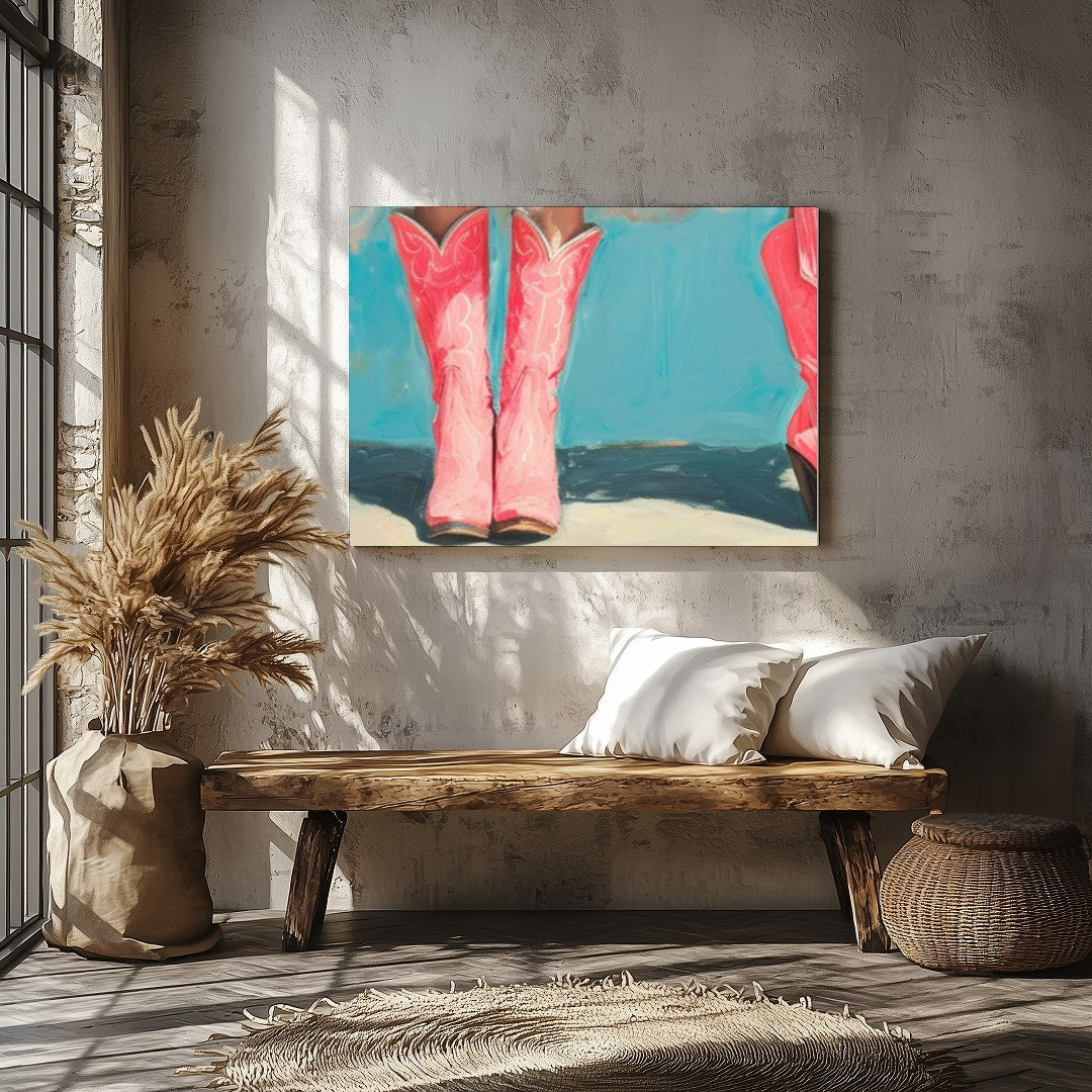 This whimsical artwork captures the playful elegance of tutu-clad figures standing in vibrant pink for Veranda
