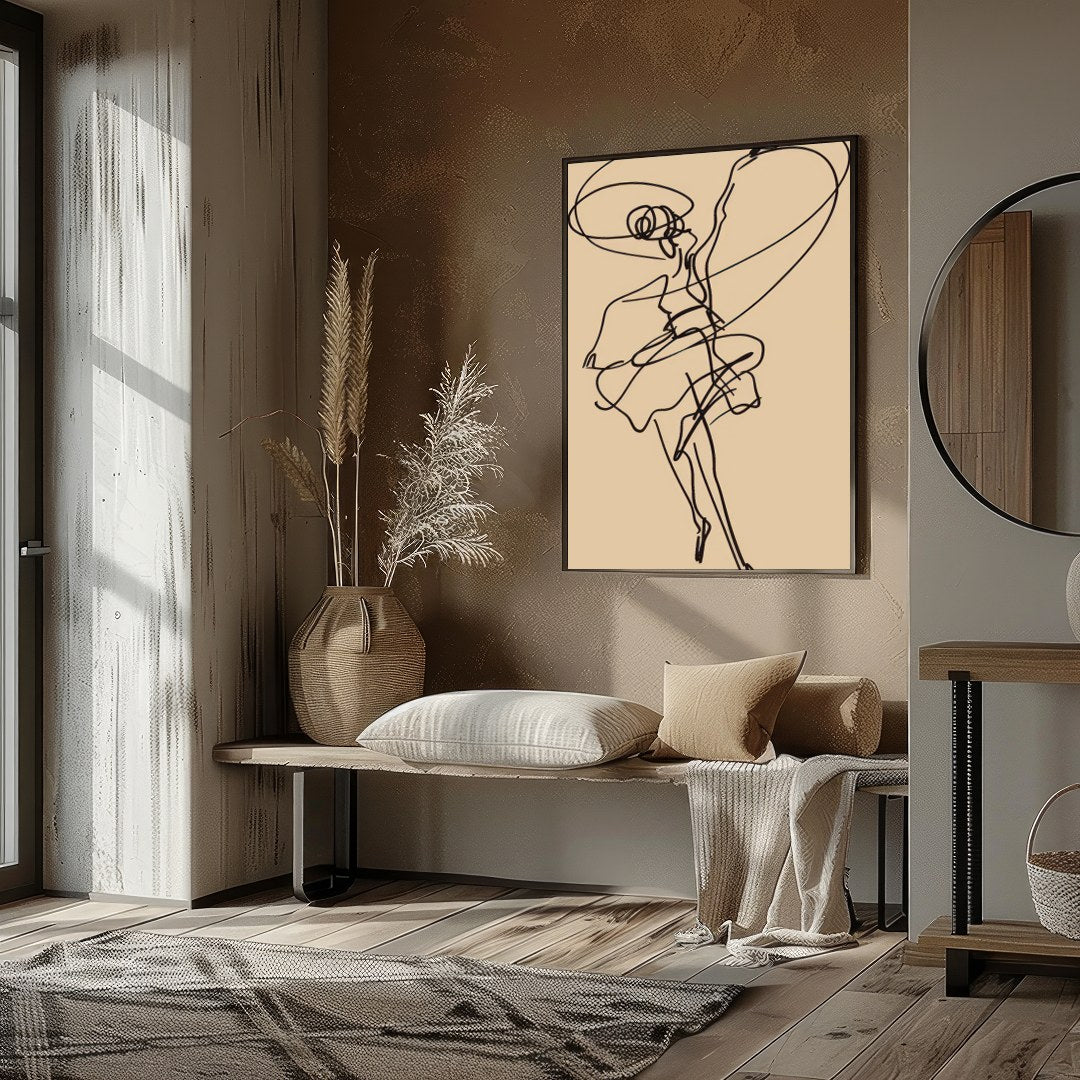 This captivating artwork features a fluid and dynamic line drawing that captures the grace and for house