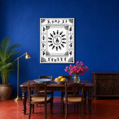 Experience the rhythmic joy of village life with this captivating Warli art print. Featuring a for Dining