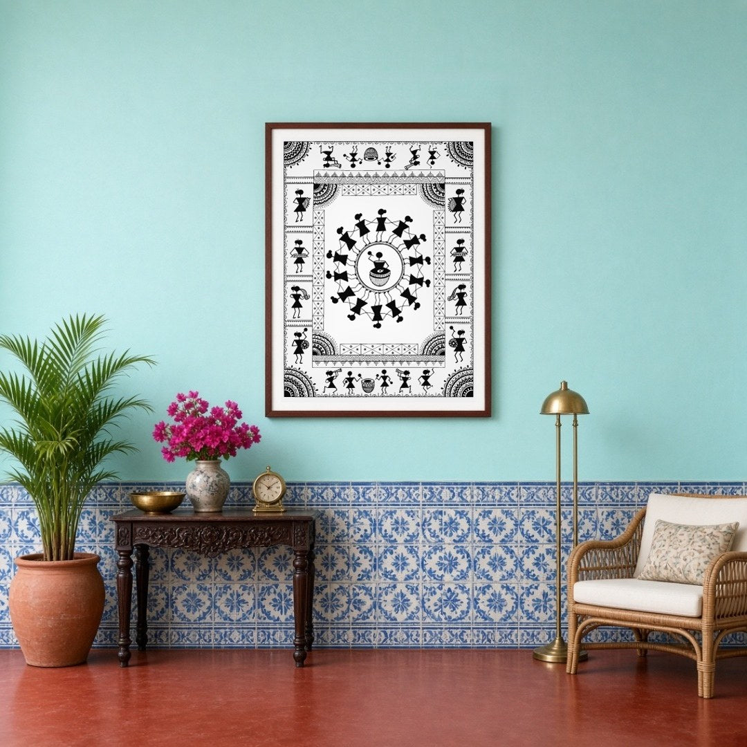 Experience the rhythmic joy of village life with this captivating Warli art print. Featuring a for Entrance