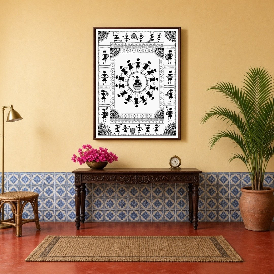Experience the rhythmic joy of village life with this captivating Warli art print. Featuring a for Hallway