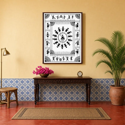 Experience the rhythmic joy of village life with this captivating Warli art print. Featuring a for Hallway