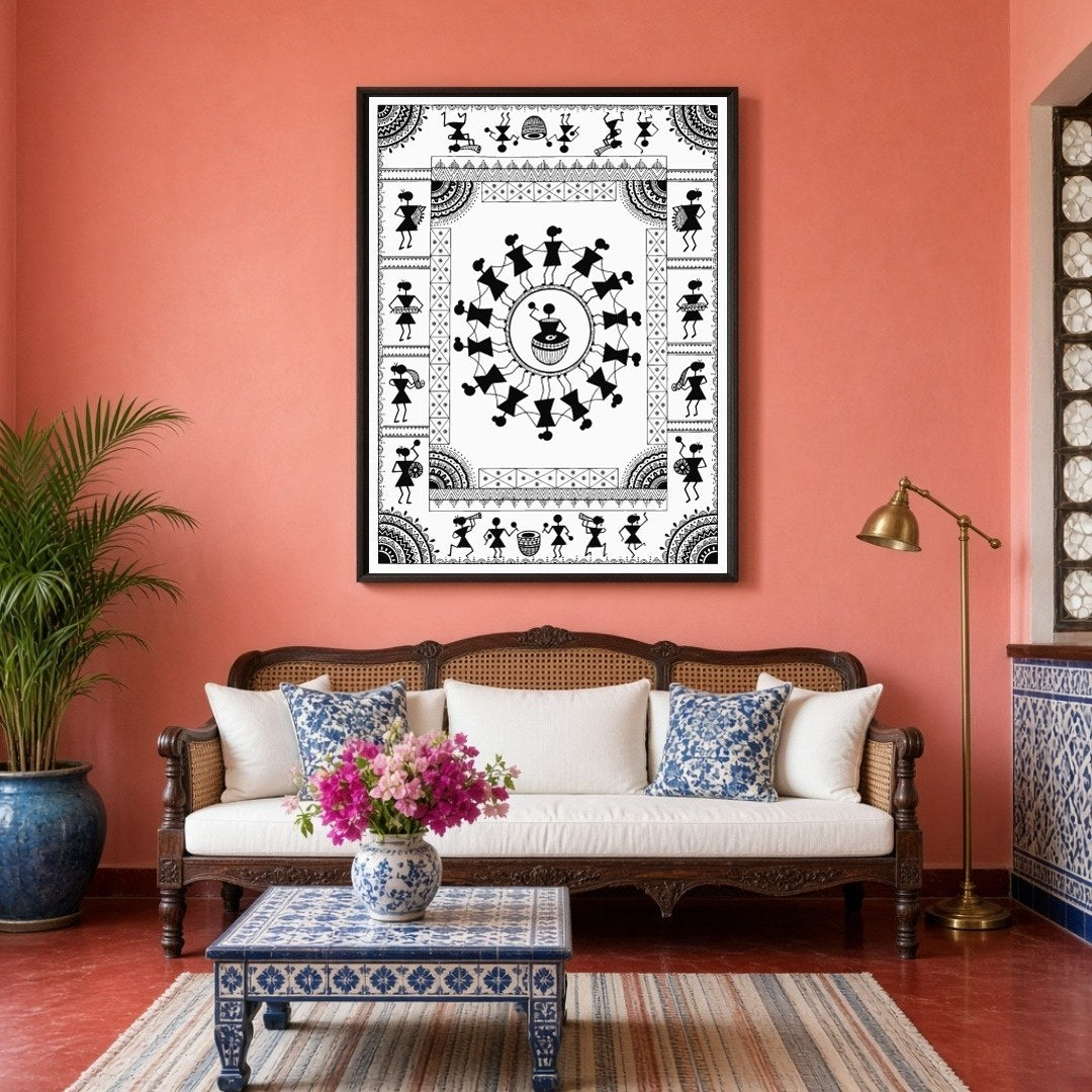 Experience the rhythmic joy of village life with this captivating Warli art print. Featuring a for Living Room
