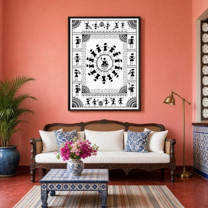 Experience the rhythmic joy of village life with this captivating Warli art print. Featuring a for Living Room