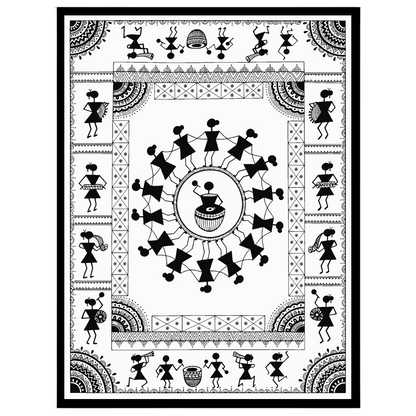 Experience the rhythmic joy of village life with this captivating Warli art print. Featuring a for living-space