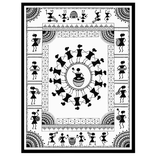 Experience the rhythmic joy of village life with this captivating Warli art print. Featuring a for living-space