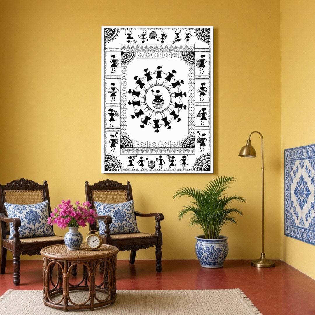 Experience the rhythmic joy of village life with this captivating Warli art print. Featuring a for Sitting Area