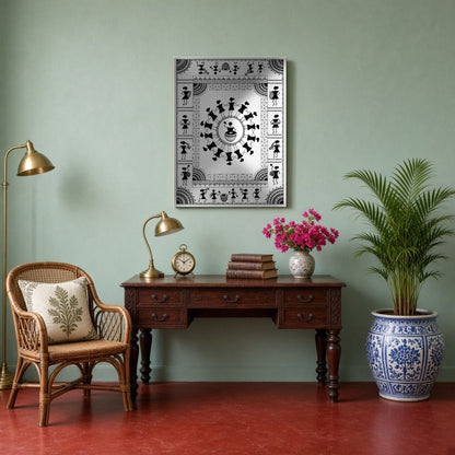 Experience the rhythmic joy of village life with this captivating Warli art print. Featuring a for Study