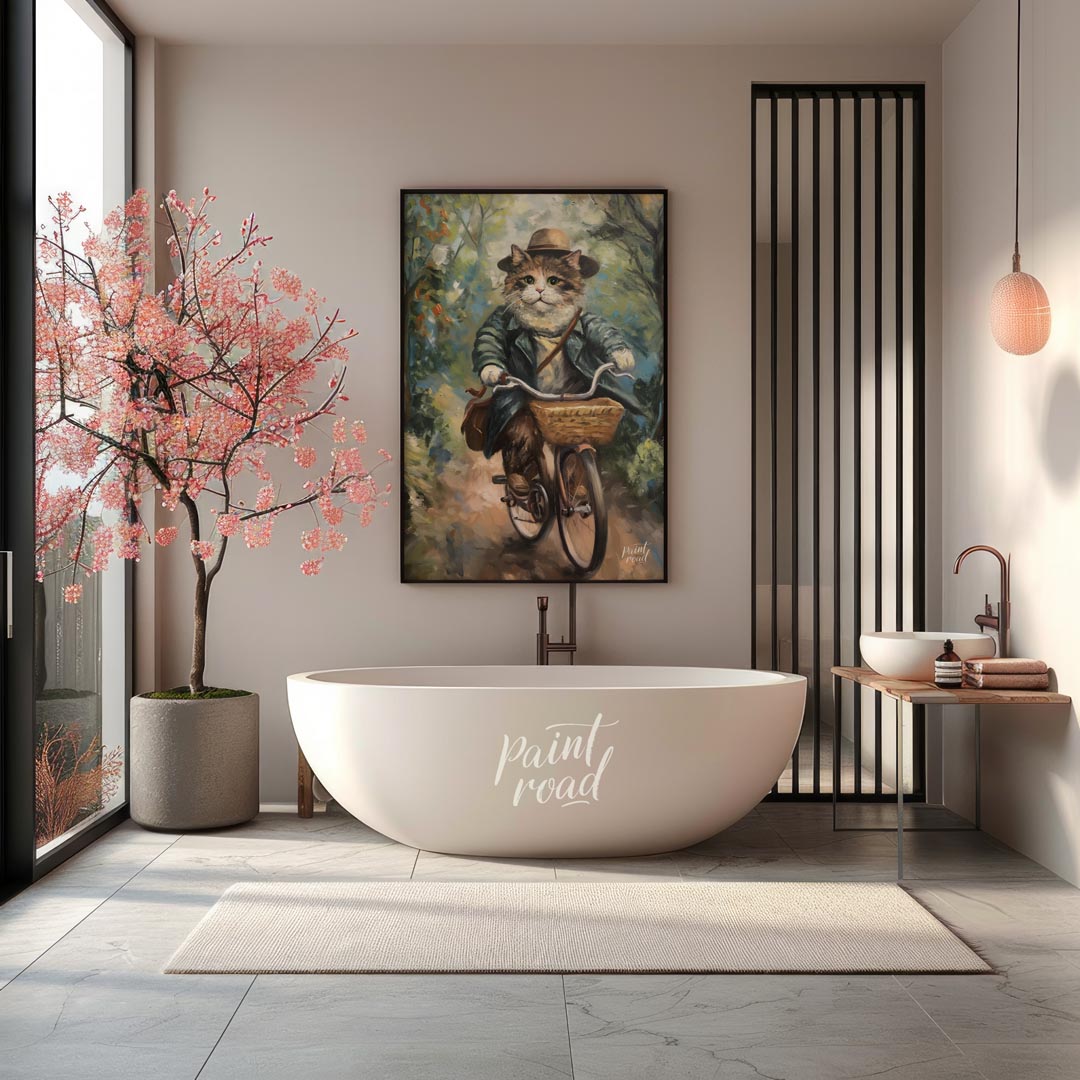 This charming oil painting features a portly, fluffy cat, adorned in a sophisticated brown hat and … for bathroom