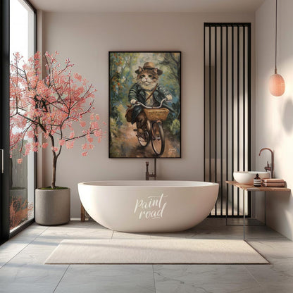 This charming oil painting features a portly, fluffy cat, adorned in a sophisticated brown hat and … for bathroom