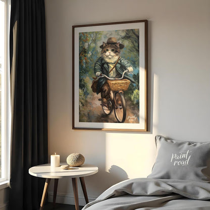 This charming oil painting features a portly, fluffy cat, adorned in a sophisticated brown hat and … for bedroom
