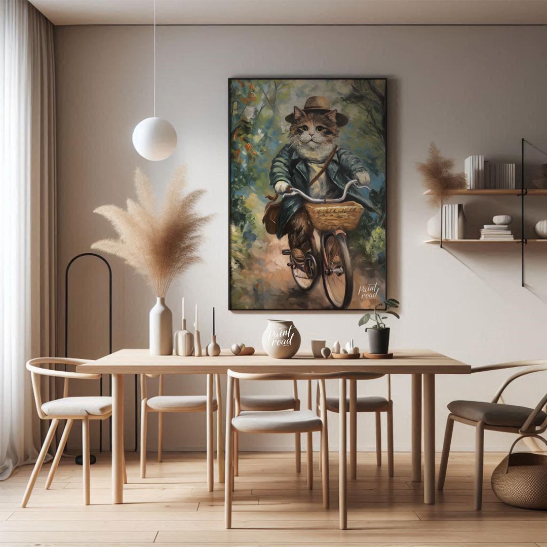 This charming oil painting features a portly, fluffy cat, adorned in a sophisticated brown hat and … for dining room