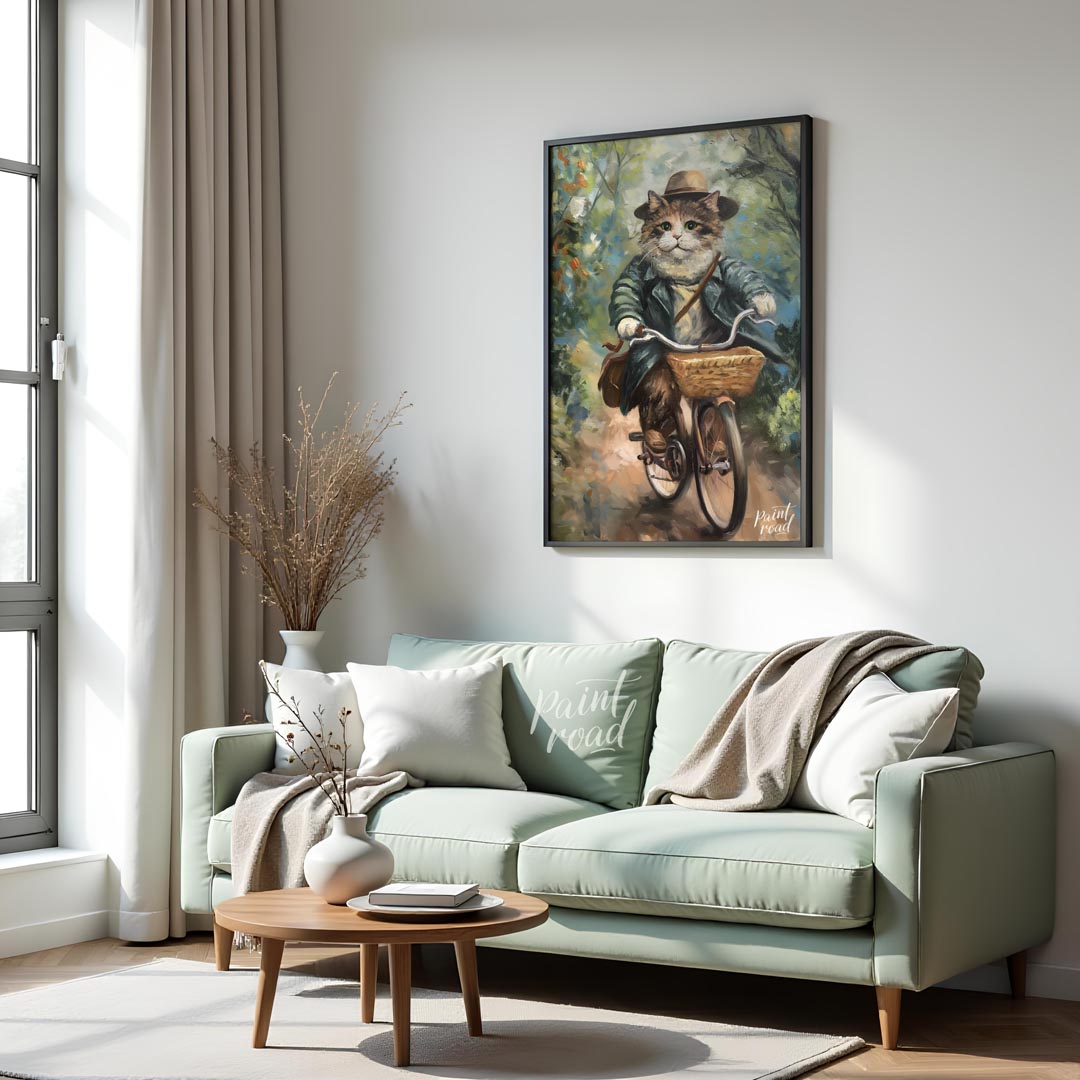 This charming oil painting features a portly, fluffy cat, adorned in a sophisticated brown hat and … for living room