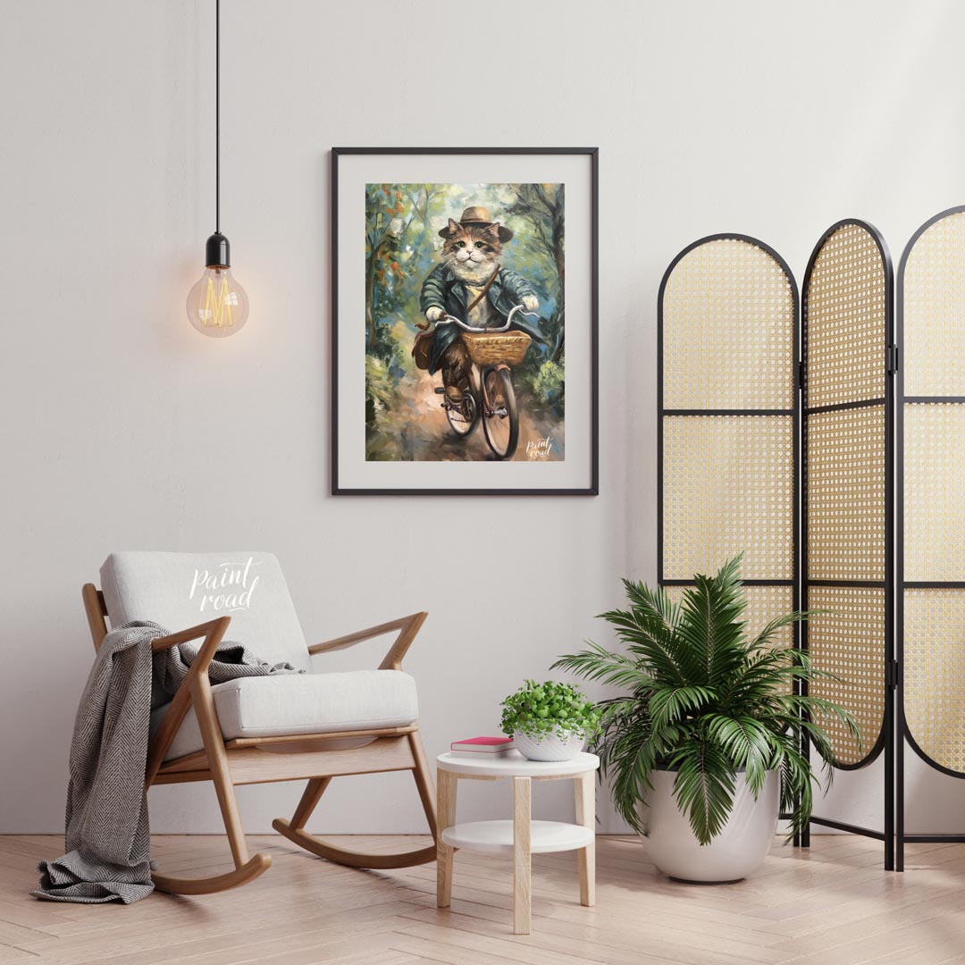 This charming oil painting features a portly, fluffy cat, adorned in a sophisticated brown hat and … for living room