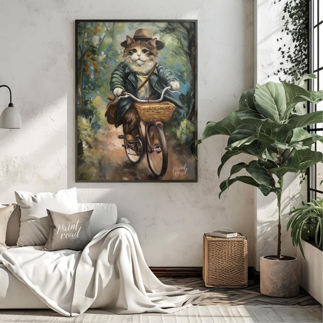 This charming oil painting features a portly, fluffy cat, adorned in a sophisticated brown hat and … for living room