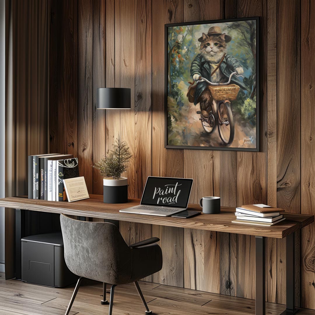 This charming oil painting features a portly, fluffy cat, adorned in a sophisticated brown hat and … for office